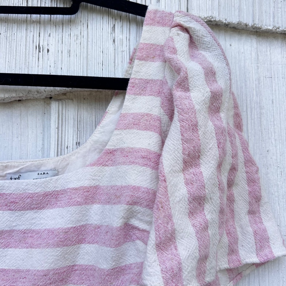 ZARA Striped Peplum Square Neck Flutter Sleeve Top Pink White Size M - Picture 4 of 7